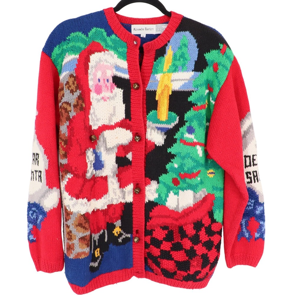 Alexandra Bartlett Vintage Ugly Christmas Sweater Cardigan Santa Bell Buttons S